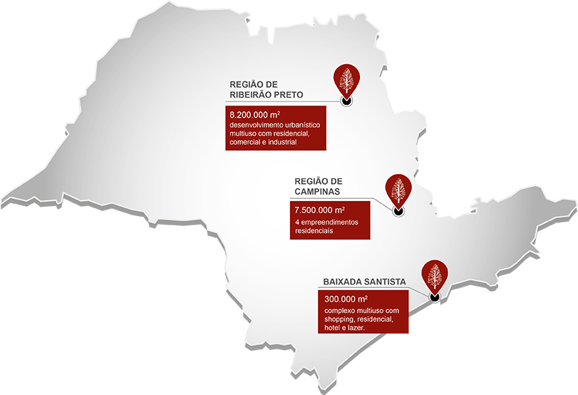Mapa de São Paulo marcando os locais de futuros projetos da Casuarina Empreendimentos